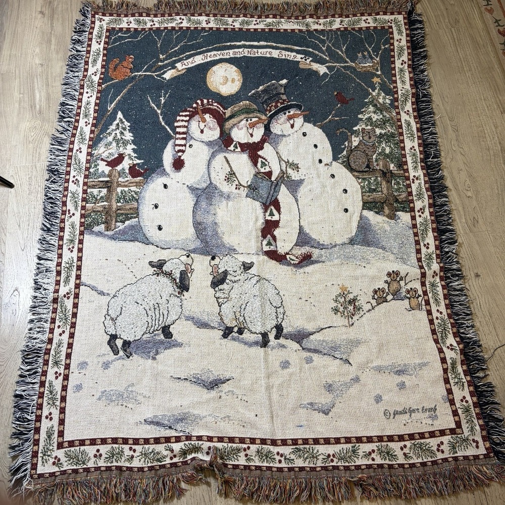 Christmas Tapestry Throw‎ Blanket Snowman Family Fringed Christmas Caroling